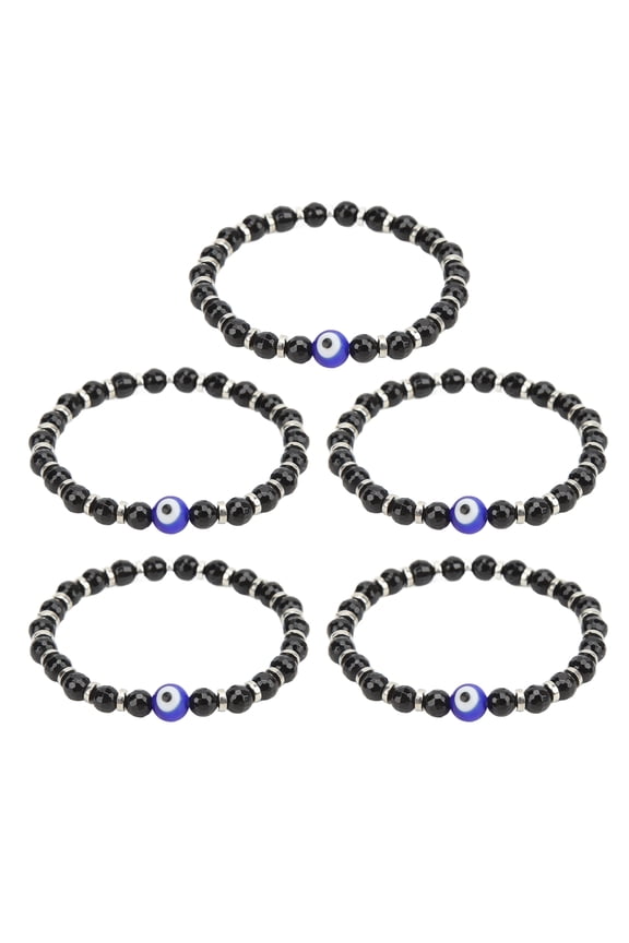 5 Pcs Evil Eye Stretch Bracelets 6mm Blue Glass Crystal Beads Black Band Unisex Gift Set (Approx 2 in / 5 cm)