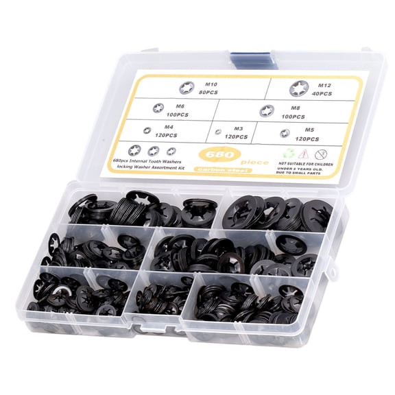 Nieyigj 680Pcs Locking Washers Internal Tooth Assortment Kit Carbon Steel M3-M12 (0.12 - 0.47 inches / 3mm - 12mm)