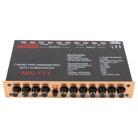 Nieyigj 7 Band Car Graphic Equalizer Adjustable Frequency High Level Speaker Input Front Rear Subwoofer Outputs Pre Amp For RV Boat Motorcycles Automotive Audio Amplifier 11-15V DC