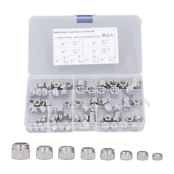 Nieyigj 80PCS Hex Nuts Assortment Kit 304 Stainless Steel Lock Nuts with Nylon Insert 8 Specifications (7.87 inches / 20 cm)[cite: 1]