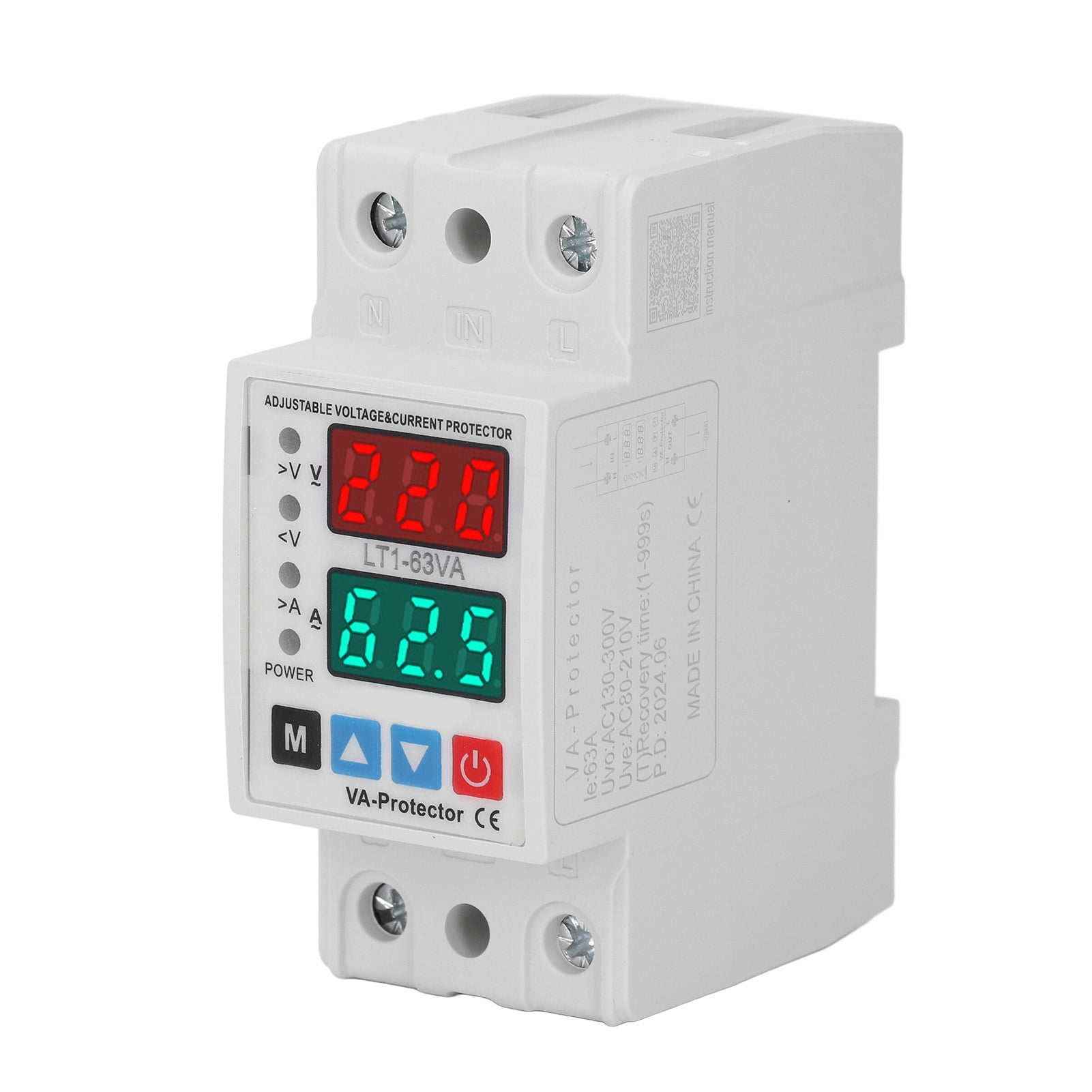 Nieyigj Adjustable Over Under Voltage Protector 63A AC220V, Dual Display Magnetic Retention Self Repeating Circuit Breaker, Household Voltage Current Protective Device with Flame Retardant PC