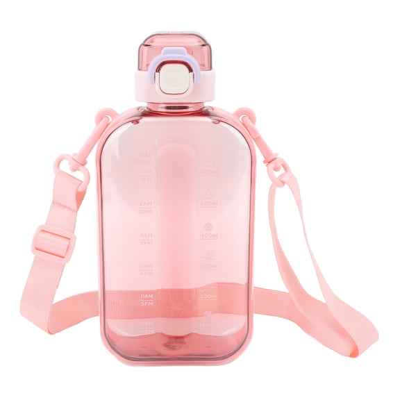 Nieyigj Flat Water Bottle 750ml Clear Portable Slim Sports Flask 25.3 oz / 750 ml Leak Proof Design with Scale and Carrying Strap for Travel Gym Backpacks Pink