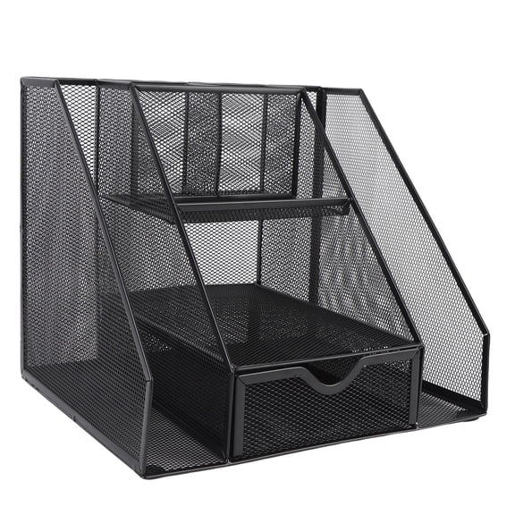 Nieyigj Metal Mesh Desktop Organizer Vertical Storage Basket with Drawer, Letter Box Pen Holder & File Folder Holder for Office Supplies, Black (12.6" x 11.02" / 32 x 28 cm)