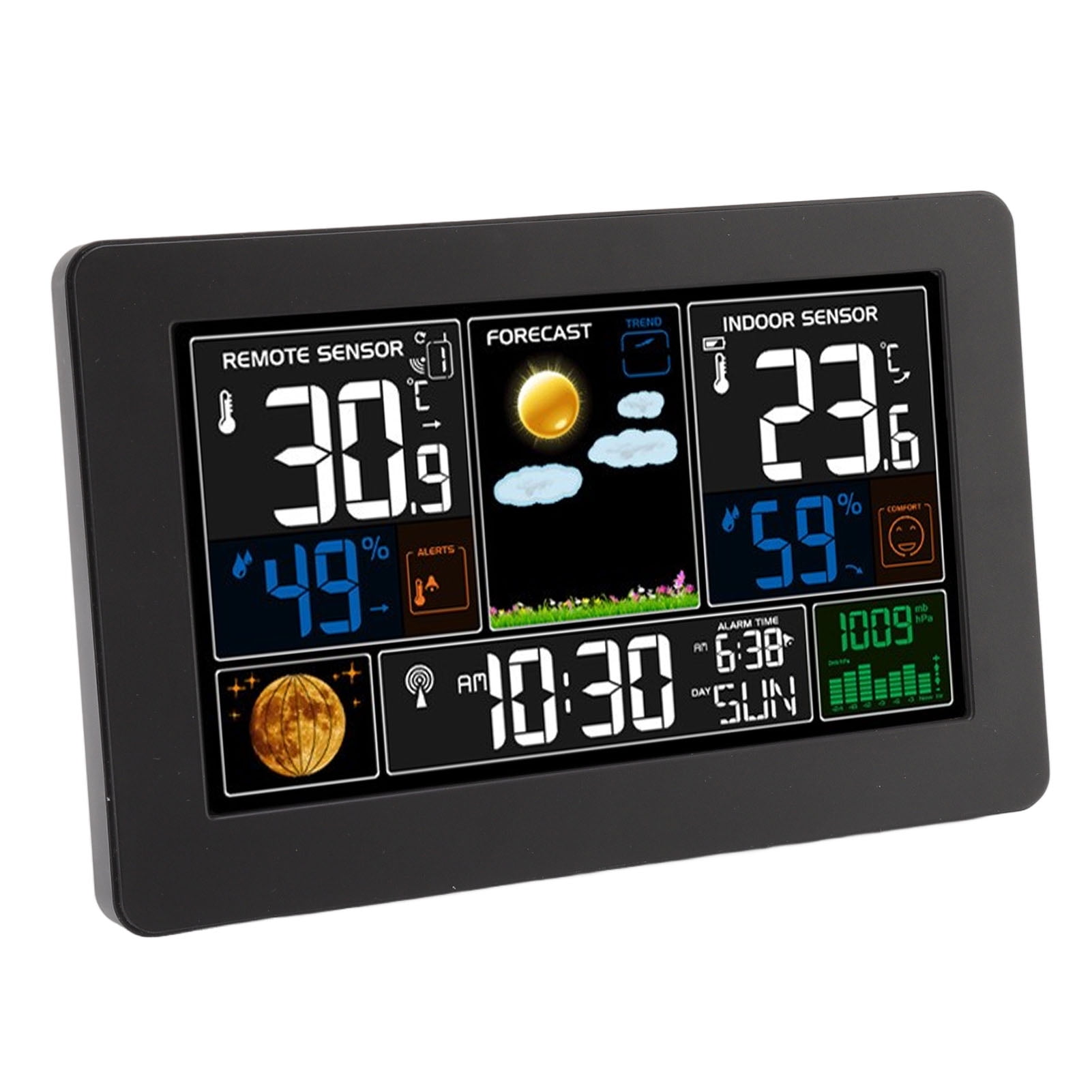 Nieyigj Multifunctional Weather Station Clock Large Color Display For Indoor Outdoor Temperature Humidity Air Pressure US Plug 100-240V Black Edition