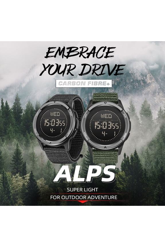 Outdoor Sports Watch Carbon Fiber Case Water Resistant Multifunctional Wristwatch with Compass Function for Swimming Hiking Black