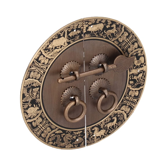 Nieyigj Round Shape Solid Brass Cabinet Handle Double Doors Knob Furniture Hardware for Wardrobe Home Antique Chinese Zodiac Pull Rings Decoration with Complete Accessories 5.5 inches / 14 cm 2-Pack