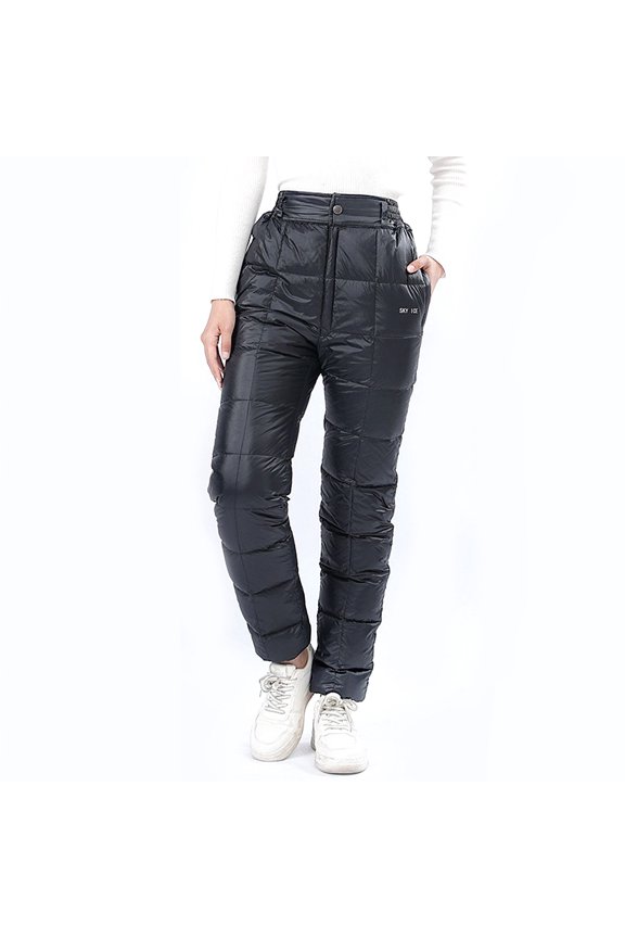 Unisex Warm Goose Down Pants Outdoor Waterproof Lightweight Hiking Snow Pants with Storage Bag, Black, Size S