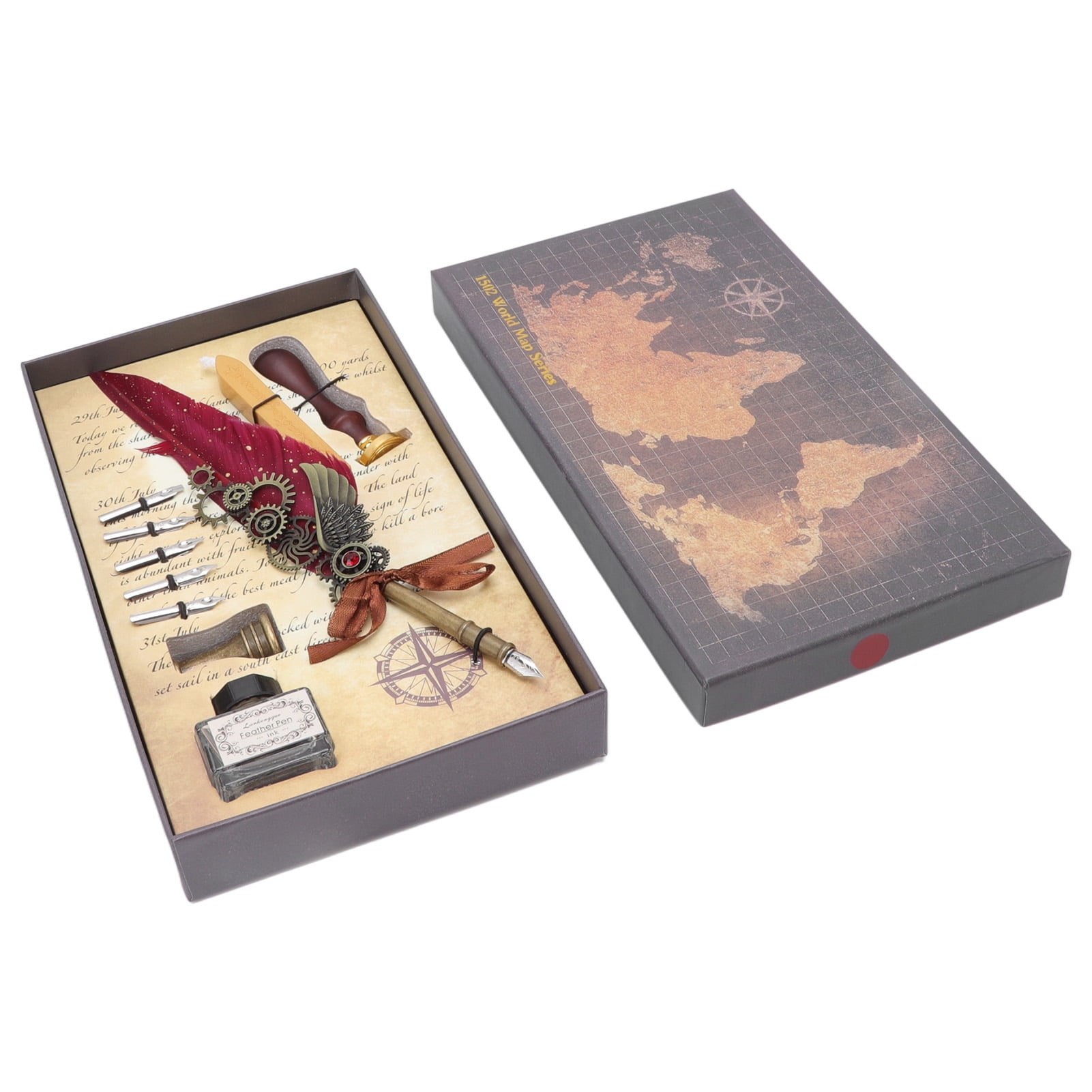Nieyigj Vintage Mechanical Feather Quill Dip Pen Set with Brass Base, Wax Seal Stamp, and 5 Replacement Nibs - Elegant Wine Red Calligraphy Writing Kit for Artists and Beginners