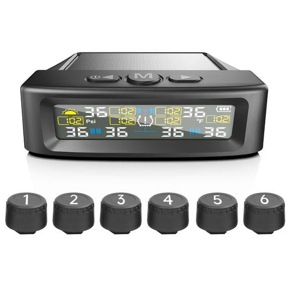 Nieyigj Wireless Solar Tire Pressure Monitoring System, Digital TPMS with 6 Sensors, 0-144 PSI Real-time Display for RV Trailer Truck