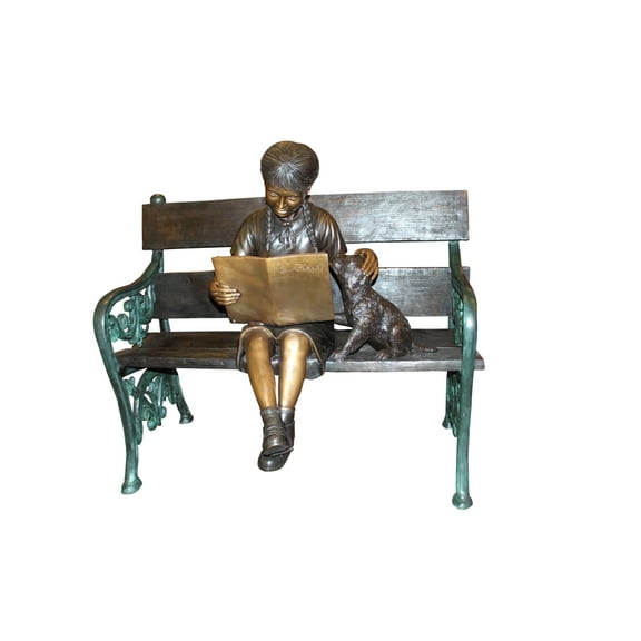 Nifao Girl sitting with her dog on a bench, reading Bronze Statue - 27" x 39" x 32"H