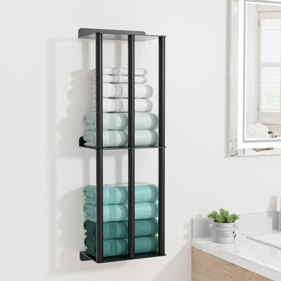 Niffgaff Towel Racks for Bathroom: 26 Inch Wall Mounted Towel Holder, Upgrade 2-Tier Towel Rack with 3-Vertical-Bars and 3-Steel-Shelves, for Modern Decor Bathroom Towel Storage (Matte Black)