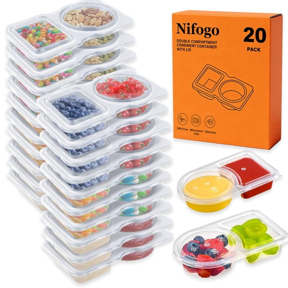 Nifogo 20/40 Sets Durable Double Compartment Condiment Containers, Reusable Snack Containers with Lids, Easy to Clean BPA-Free