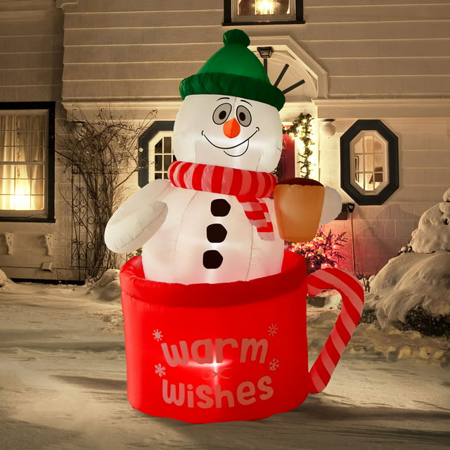 Nifti Nest 4 Ft Long x 6 Ft Tall Christmas Inflatables Snowman in Frosty Mug with Built-in LED Lights, Christmas Blow Up Yard Decorations for Holiday Lawn, Garden, Christmas Decorations