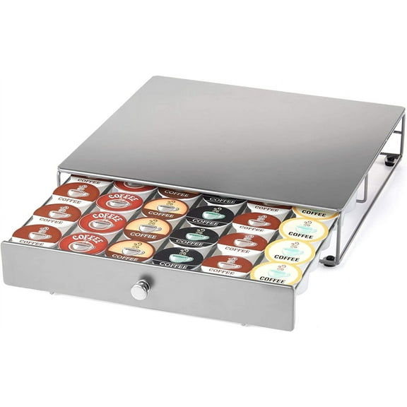 Nifty Coffee Pod Drawer - Silver Finish, Compatible with K-Cups, 36 Pack Holder, Non-Rolling, Compact Under Pot Storage Sliding Drawer, Slim Home Kitchen Counter Organizer