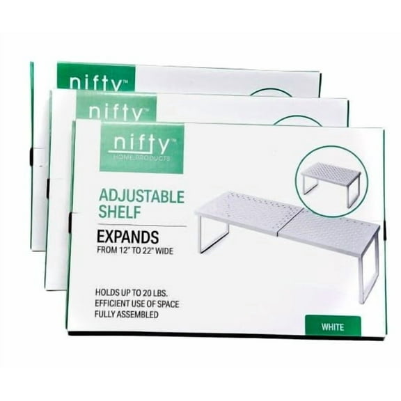Nifty Expandable Shelf Rack, Adjustable from 12” to 22”, White, Pack of 3 – Organize, Display & Save Space with Special Savings – Ideal for Kitchen, Office, and Craft Room – Holds Up to 20 lbs