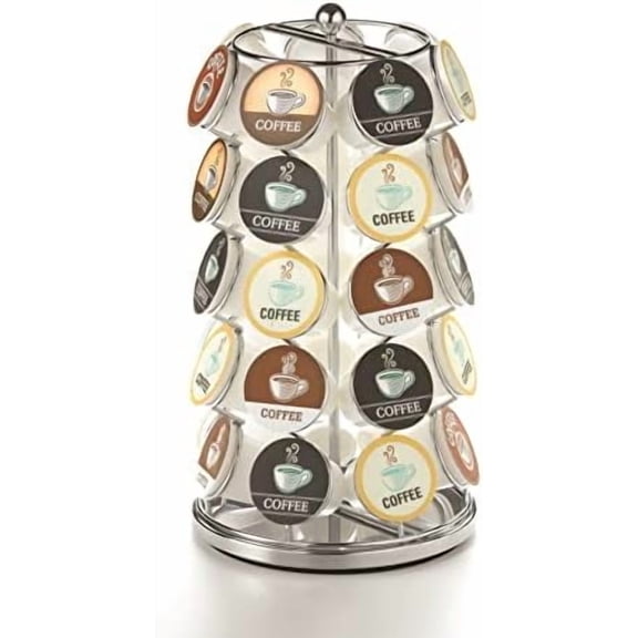 Nifty K Cup Holder – Compatible with K-Cups, Coffee Pod Carousel | 35 K Cup Holder, Spins 360-Degrees, Lazy Susan Platform, Modern Chrome Design, Home or Office Kitchen Counter Organizer