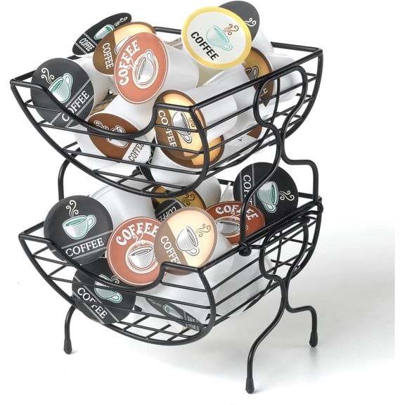 Nifty Single-Serve Wire Coffee Basket Stacked Two-Tier Coffee Pod Storage Holder, Compatible with K-Cups, Home or Office Kitchen Counter Organizer, Modern Black Design