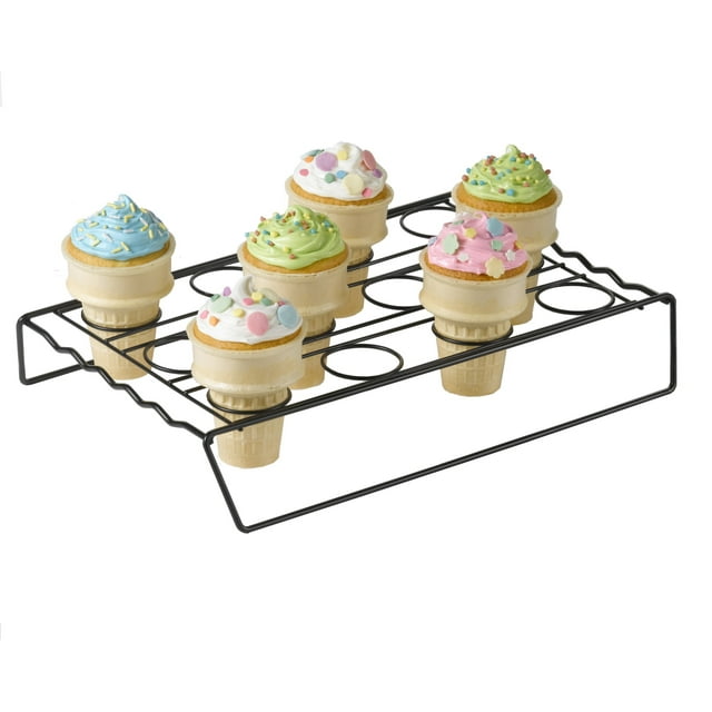 Nifty Solutions Ice Cream Cone Cupcake Baking Rack – Holds up to 12 Medium & Large Cupcake Cones, Non-Stick, Black