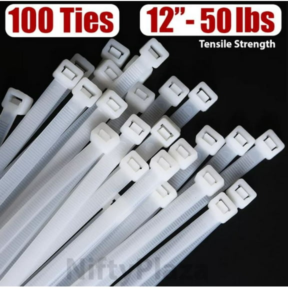 NiftyPlaza 12 Inch Cable Zip Ties, 50 lbs Tensile Strength Premium Grade - 100 Pack