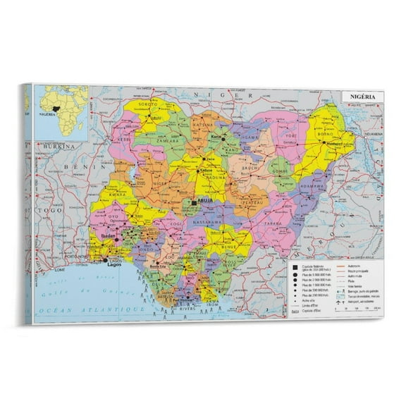 Nigeria Map Posters Wall Art Poster Scroll Canvas Painting Picture Living Room Decor Home 20x30inch(50x75cm)