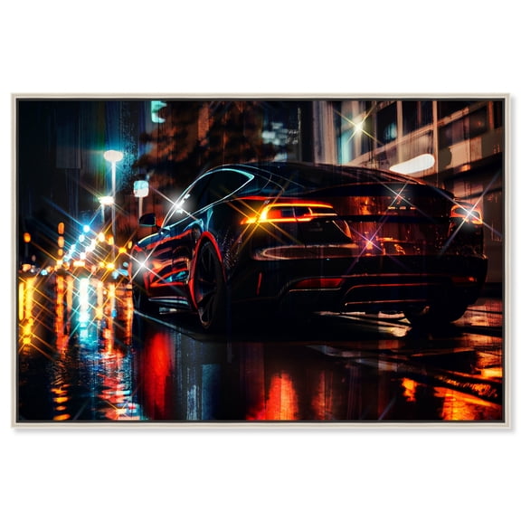 Night And Electricity Racing Car Print Man Cave Canvas Wall Art by Notoriart, Silver Floater Frame, 54"x36"