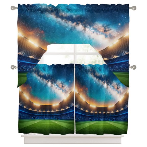 Night Arena Kitchen Curtains Swag Valance and Tier Curtains Set 36 Inch Length, Starry Sky Forest Green Atmospheric Football Field Rod Pocket Drape Panels Pair Swag Curtains for Bathroom/Cafe/Window