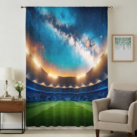 Night Arena Sheer Curtains 45" Long for Bedroom, Starry Sky Forest Green Atmospheric Football Field Light Filtering Privacy Drapes, Breathable Semi Sheer Short Window Treatment for Kitchen Cafe