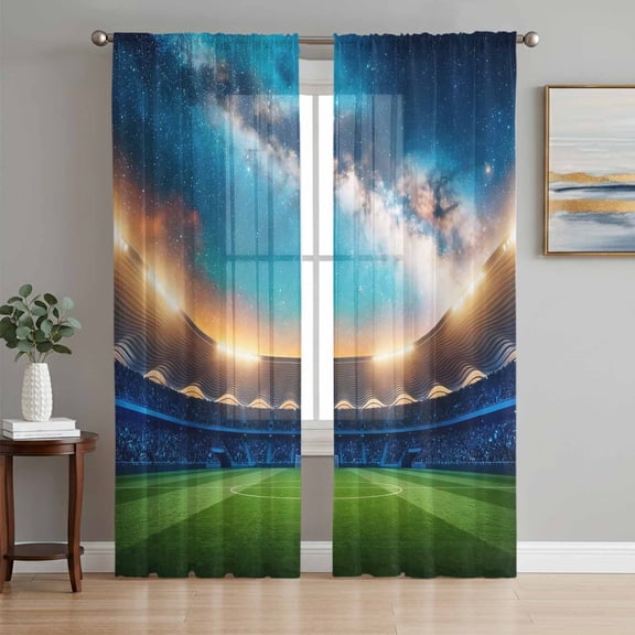 Night Arena Sheer Curtains 96 Inch Length 2 Panels Set, Starry Sky Forest Green Atmospheric Football Field Voile Window Treatment Semi Sheer Long Curtains for Bedroom/Living Room/Kitchen 52"x96"x2