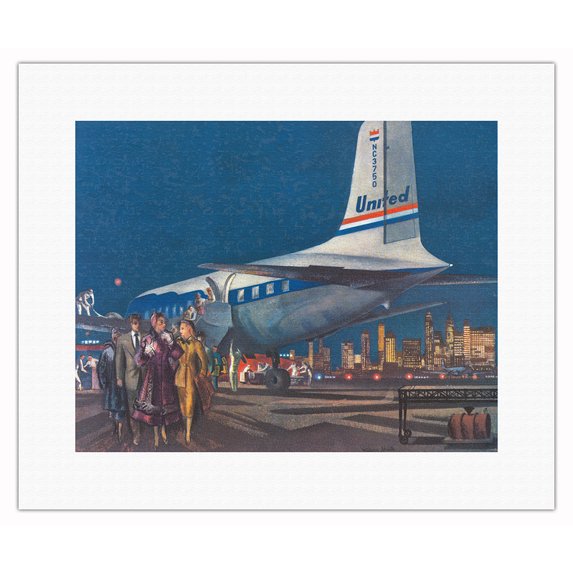 Night Arrival DC-6 Mainliner 300 - United Air Lines - Vintage Airline Travel Poster by Millard Sheets c.1952 - Fine Art Rolled Canvas Print 11in x 14in