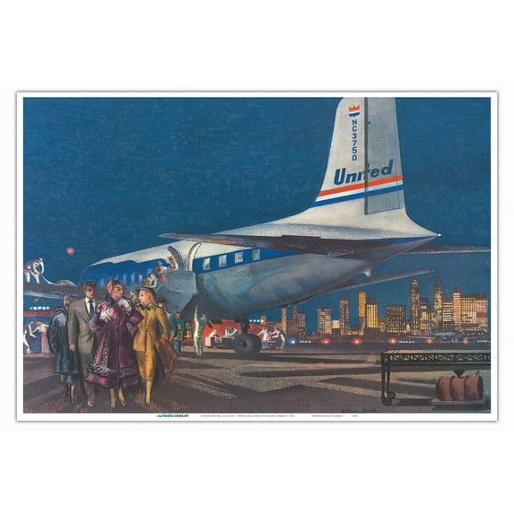 Night Arrival DC-6 Mainliner 300 - United Air Lines - Vintage Airline Travel Poster by Millard Sheets c.1952 - Master Art Print (Unframed) 13in x 19in