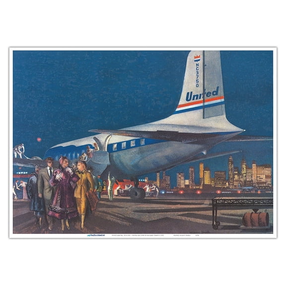 Night Arrival DC-6 Mainliner 300 - United Air Lines - Vintage Airline Travel Poster by Millard Sheets c.1952 - Master Art Print 10in x 14in