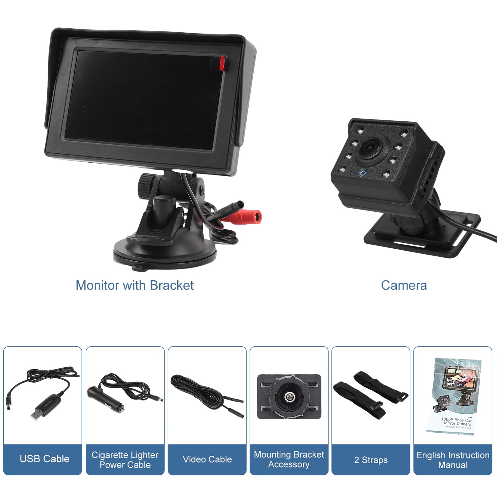 Night Baby Car Camera Baby Car Camera with Monitor 4.3 Inch, Night Vision, 360 Rotation, Wide View Angle, USB Plug for Newborn Infant Safety