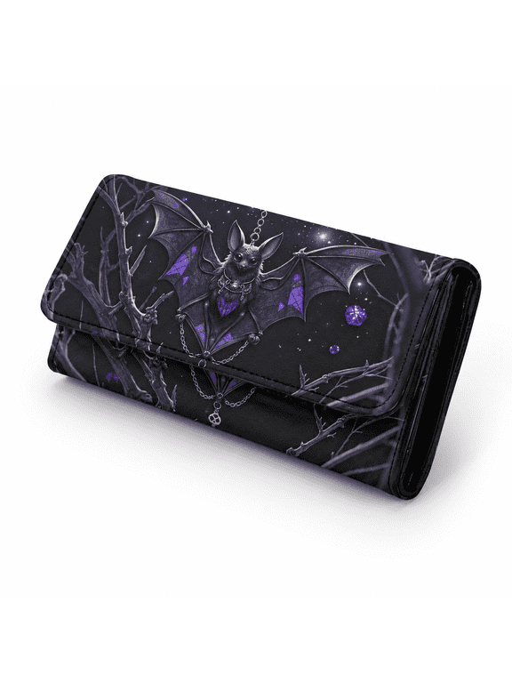 Night Bat Purple Trifold Wallet for Ladies, PU Leather Card Holder with Multiple Slots