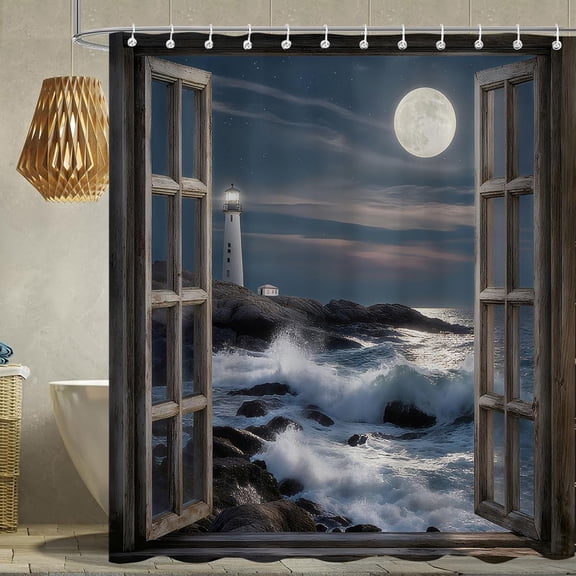 Night Beach Coastal Lighthouse Shower Curtain, Ocean Seaside Nautical Seascape Shower Curtains for Bathroom, Vintage Rustic Barn Door Black Decor Fabric Shower Curtain Set-36"W x 72"L (Pack of 1)