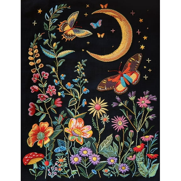 Night Beautiful Butterfly Mushroom Flower Garden DIY 11CT Stamped Cross Stitch Kits for Beginners Easy Needlepoint Embroidery Counted Cross Stitch Art Craft for Wall Decoration 12x16inch(2)