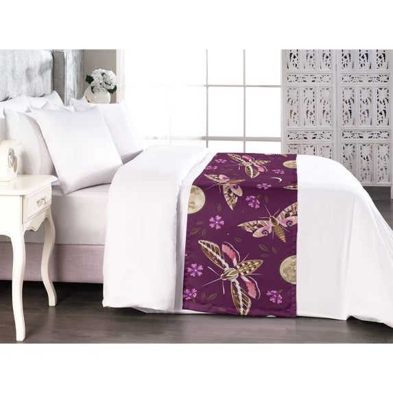 Night Bed Runner, Digital Illustrated Butterfly Sketch Pattern With Moon and Floras Print, Decorative Accent Bedding Scarf for Hotels Homes & Guest Rooms, Queen, Dark Magenta Pale Peach, by Ambesonne