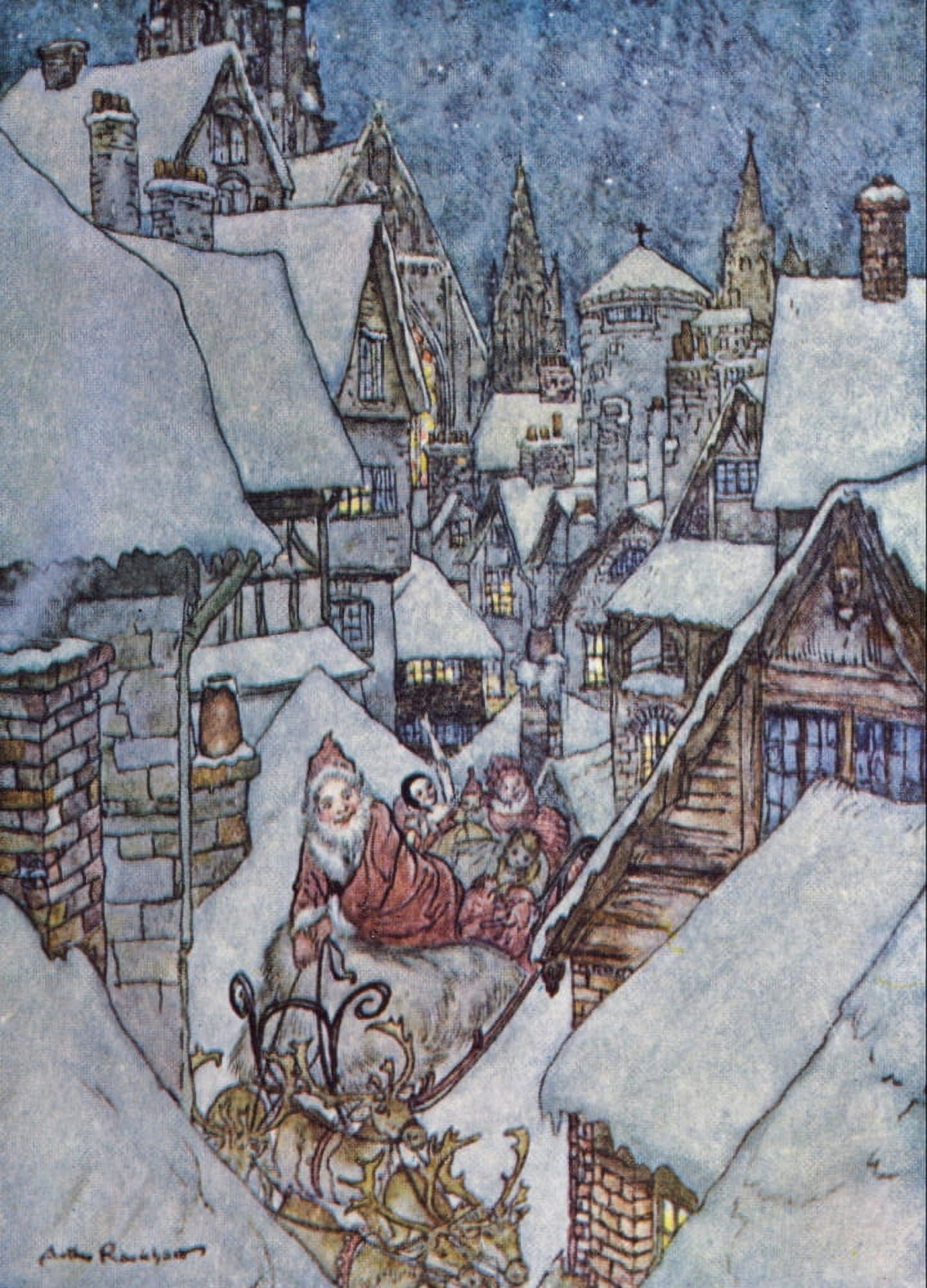 Night Before Christmas 1931 Snowy roofs Canvas Art - A Rackham (18 x 24)
