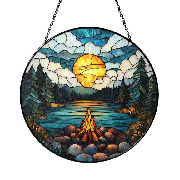 Night Campfire Landscape Stained Glass Style Window Panel
