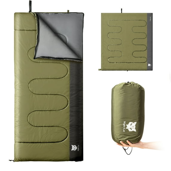 Night Cat Camping Sleeping Bag for Adults 3 Seasons Portable Lightweight Backpacking Hiking Traveling Indoor Outdoor Recommend 41℉- 59℉ 2.6x6.3ft Switch to a Quilt or Blanket Green