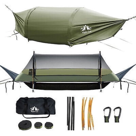 Night Cat Lay Flat Hammock Camping Tent Armygreen 1/2 Person Nylon with Mosquito Net Hanging Bed