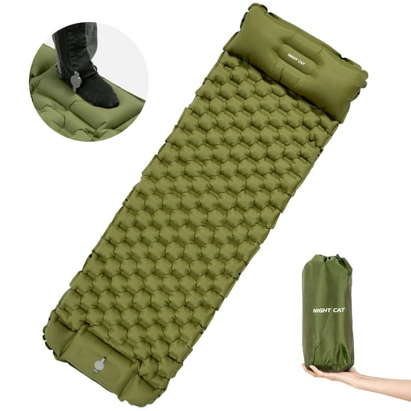 Night Cat Sleeping Air Pads with Pillow Inflatable, Foot Pump Inflation, Camping Mats for Backpacking Hiking Ultra-Light Compact Comfortable 77"x25.5"