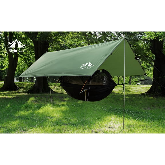 Night Cat Waterproof Camping Tarp, 12 x 10 ft Hammock Rain Fly Shelter, Lightweight Ripstop Polyester, Green, No Includes Poles