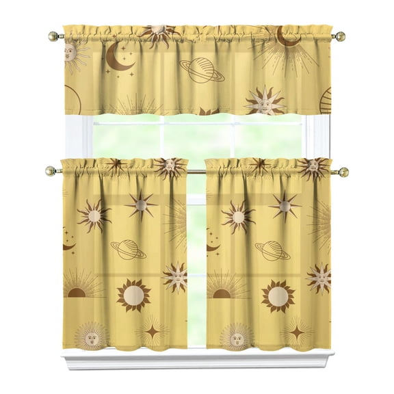 Night Celestial Kitchen Curtains Set Gothic Sun Moon Astrology Print Starry Night Cosmic Aesthetic Mystical Golden Witchy Spiritual Tier and Valance Rod Pocket Curtains for Living Room or Kitchen