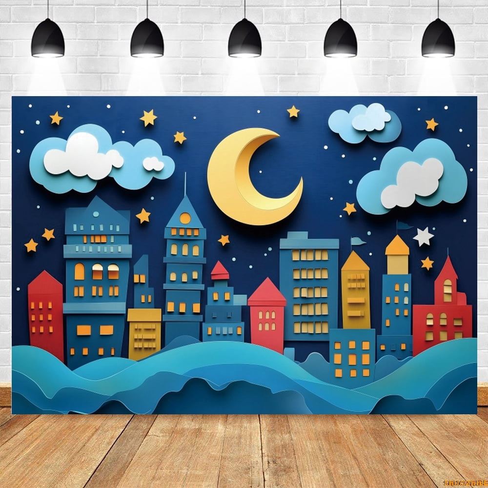 City Backdropa Night City Buildings Backdrop Moon Stars Baby Shower Kids Birthday ...
