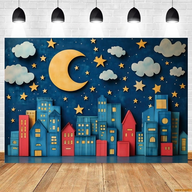Night City Buildings Backdrop Moon Stars Baby Shower Kids Birthday ...