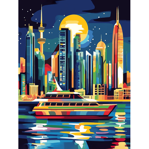 Night Cityscape Canvas Painting Suitable for Living Room Bedroom Office Hotel and Restaurant Decoration.