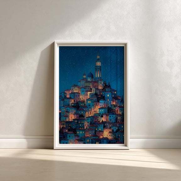 Night Cityscape Print, Starry Sky European Village Art Print Home Decor #3440, 8x12 UNFRAMED