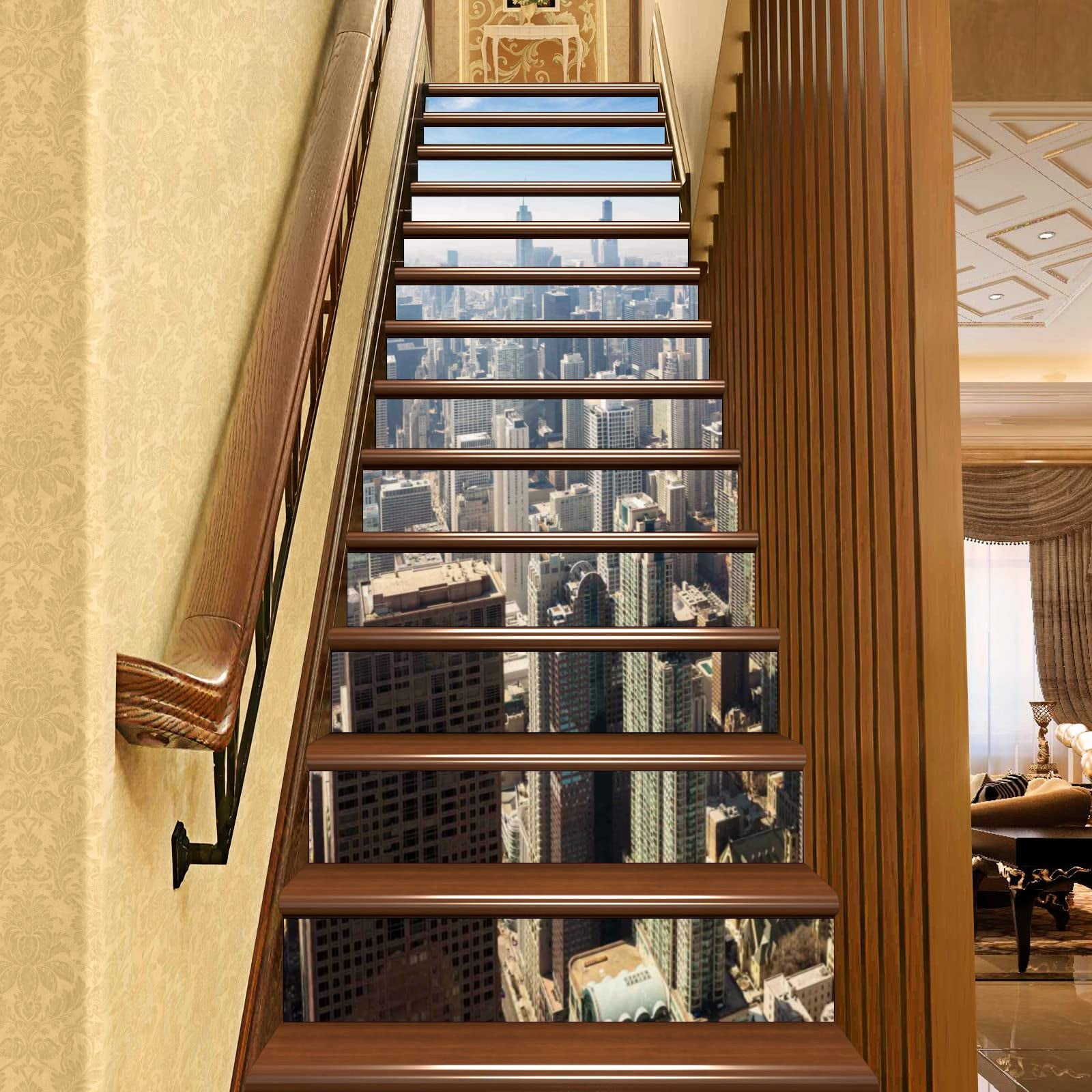 Night Cityscape Stair Stickers Selfadhesive New York City Stair Riser Decals Modern Urban