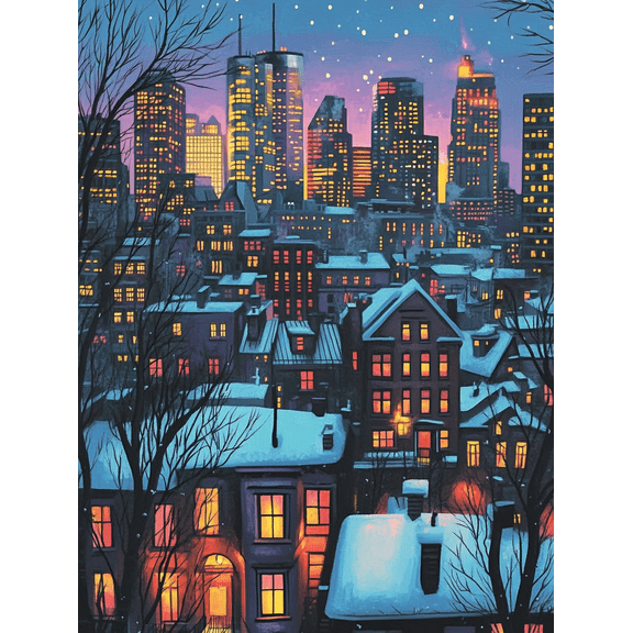 Night Cityscape Winter Canvas Painting， Suitable for Living Room， Bedroom， Office， Hallway， and Apartment Decoration.
