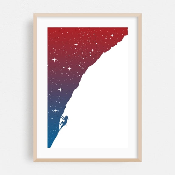 Night Climbing - Illustration Silhouette Minimalist Space Stars Abstract Night Sky Oak Framed Wall Art Print 24 x 36 inches